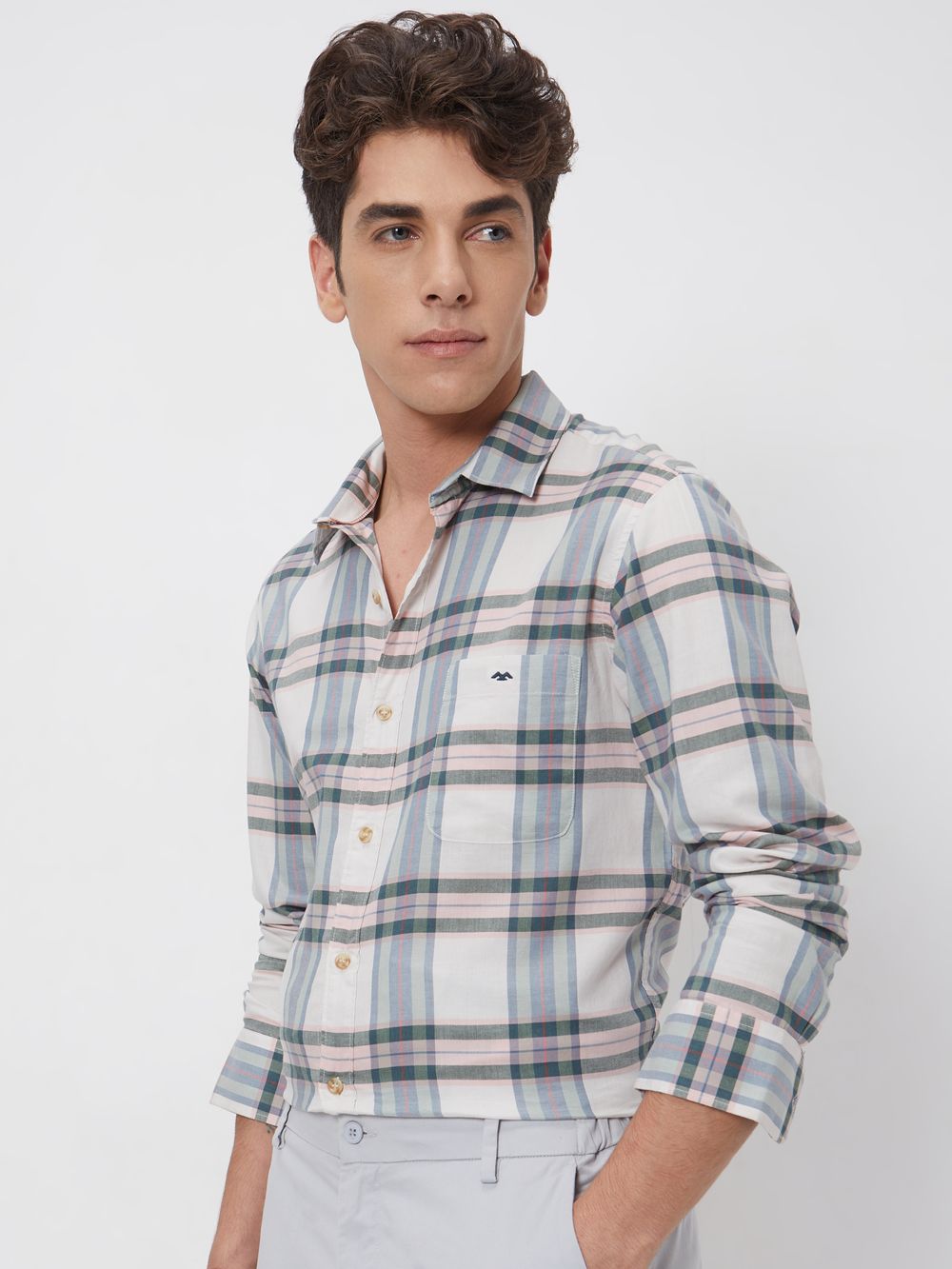 Beige Large Check Slim Fit Casual Shirt