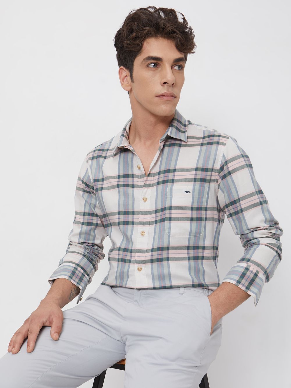 Beige Large Check Slim Fit Casual Shirt