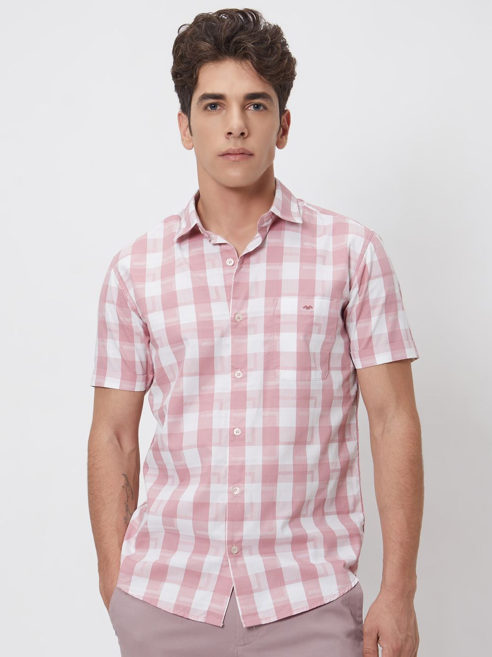 Pink Textured Check Slim Fit Casual Shirt