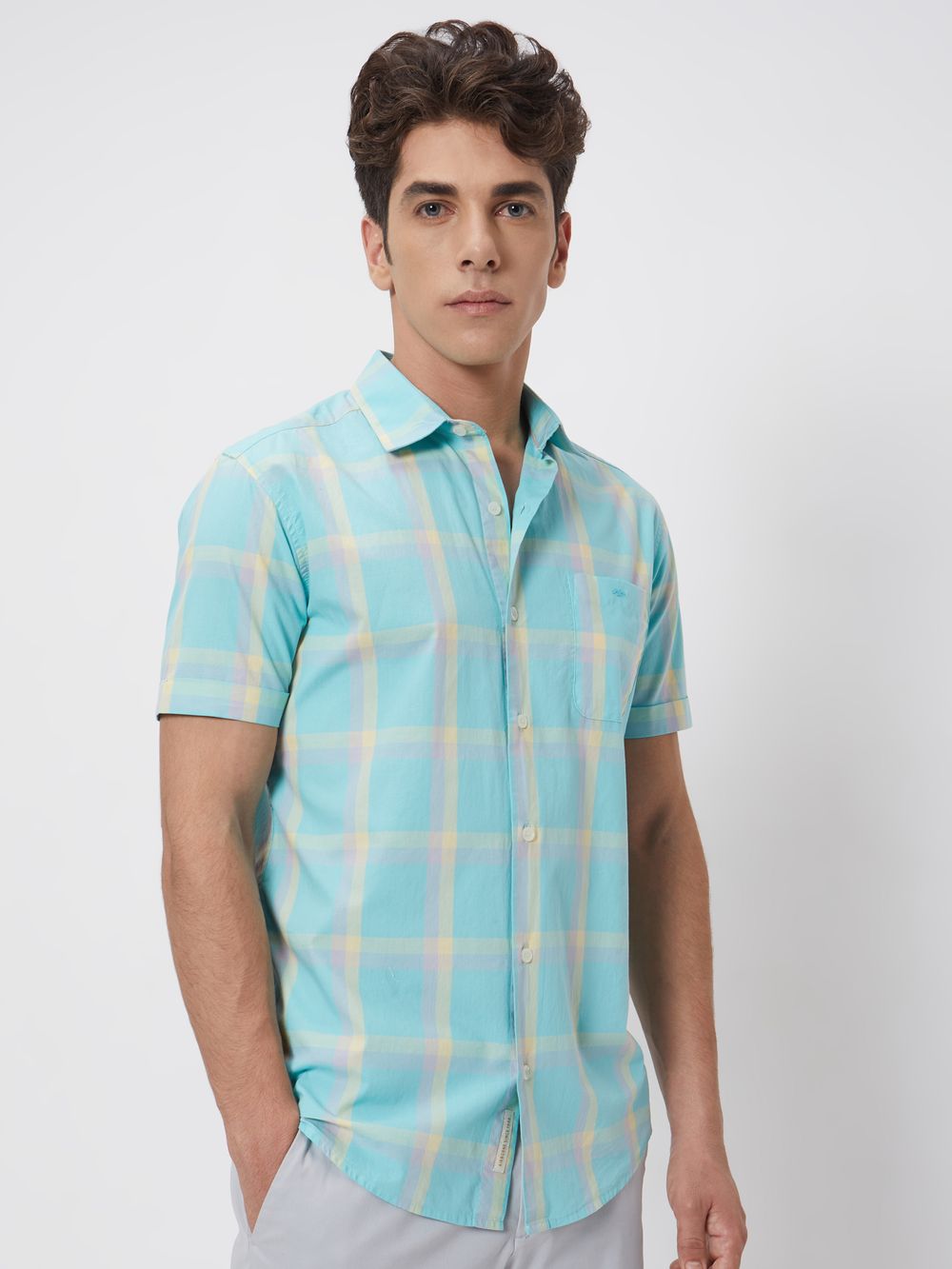 Turquoise Large Check Slim Fit Casual Shirt