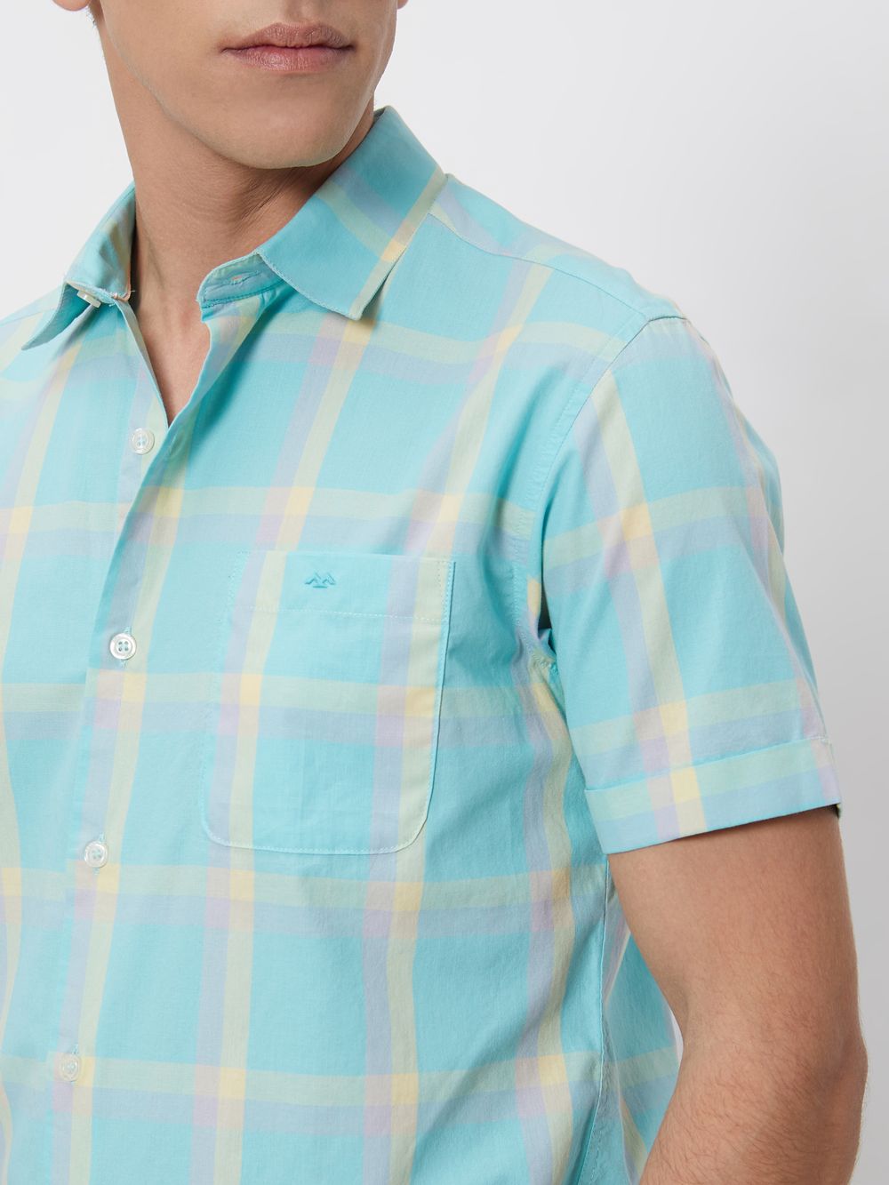 Turquoise Large Check Slim Fit Casual Shirt