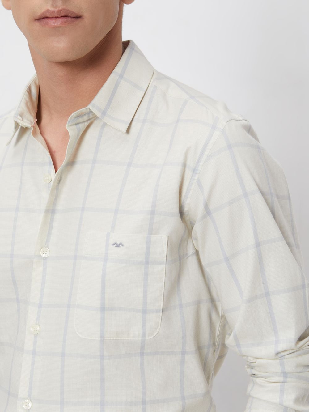 Beige Windowpane Check Slim Fit Casual Shirt