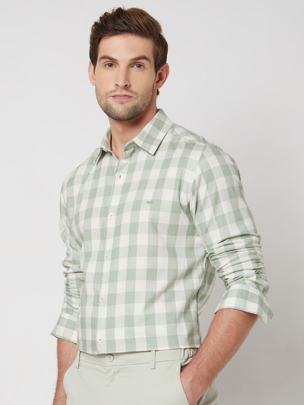 Light Green Square Check Slim Fit Casual Shirt