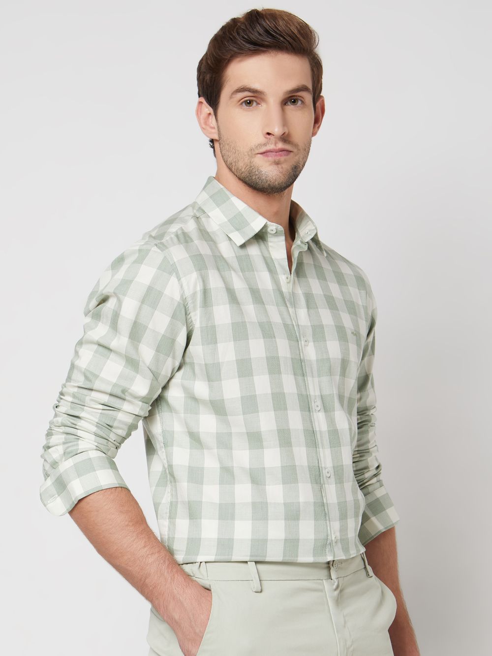 Light Green Square Check Slim Fit Casual Shirt