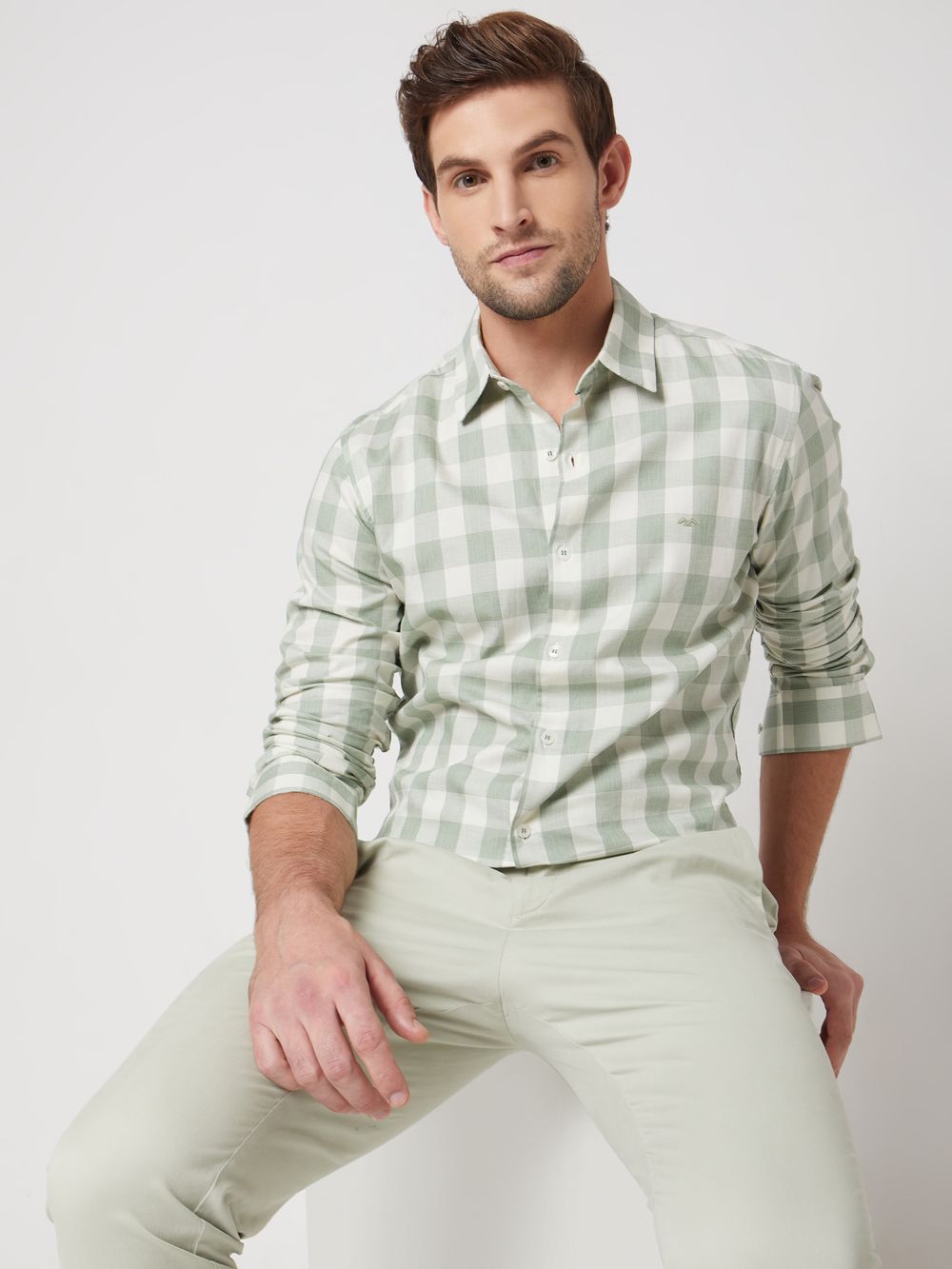Light Green Square Check Slim Fit Casual Shirt