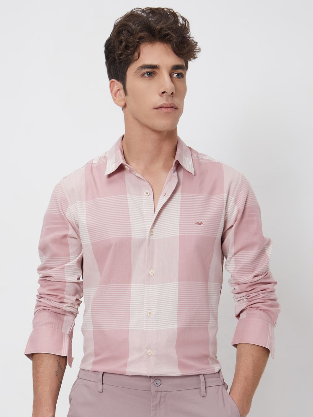 Pink & White Large Check Slim Fit Casual Shirt