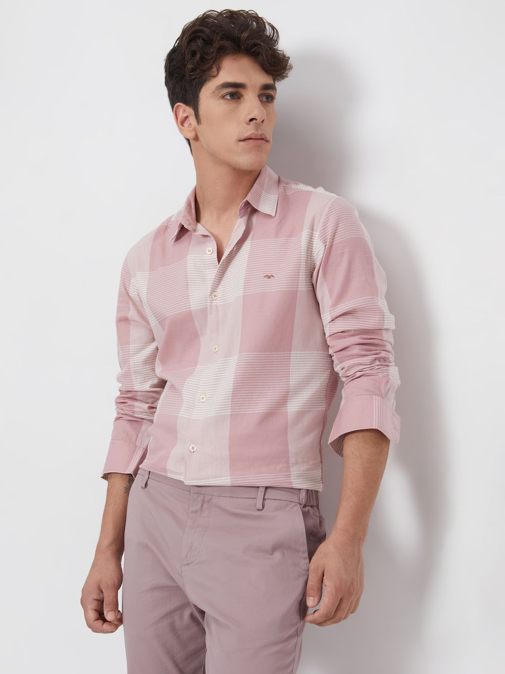 Pink & White Large Check Slim Fit Casual Shirt