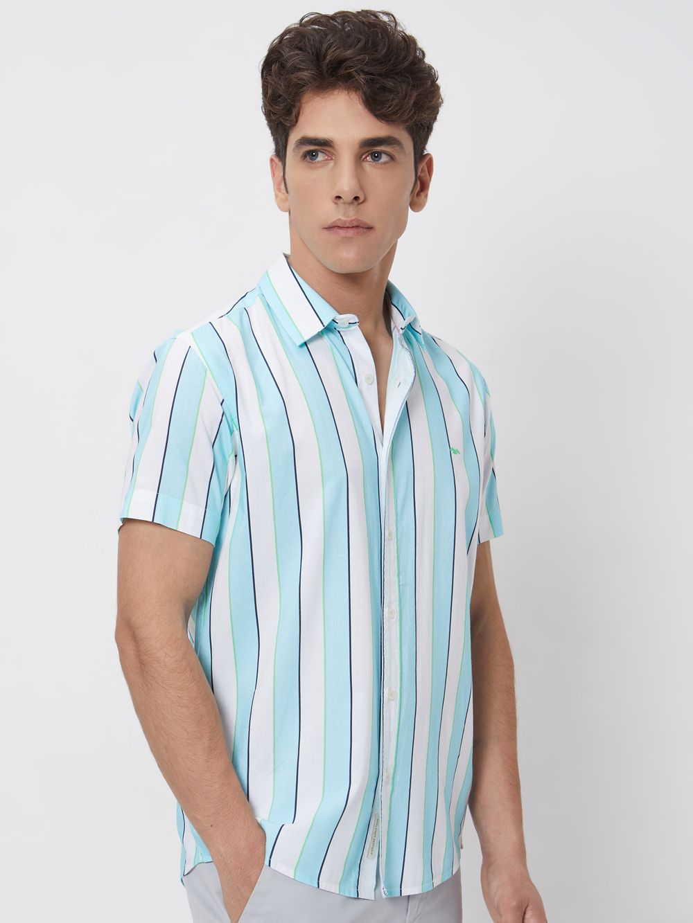 Turquoise Awning Stripe Slim Fit Casual Shirt