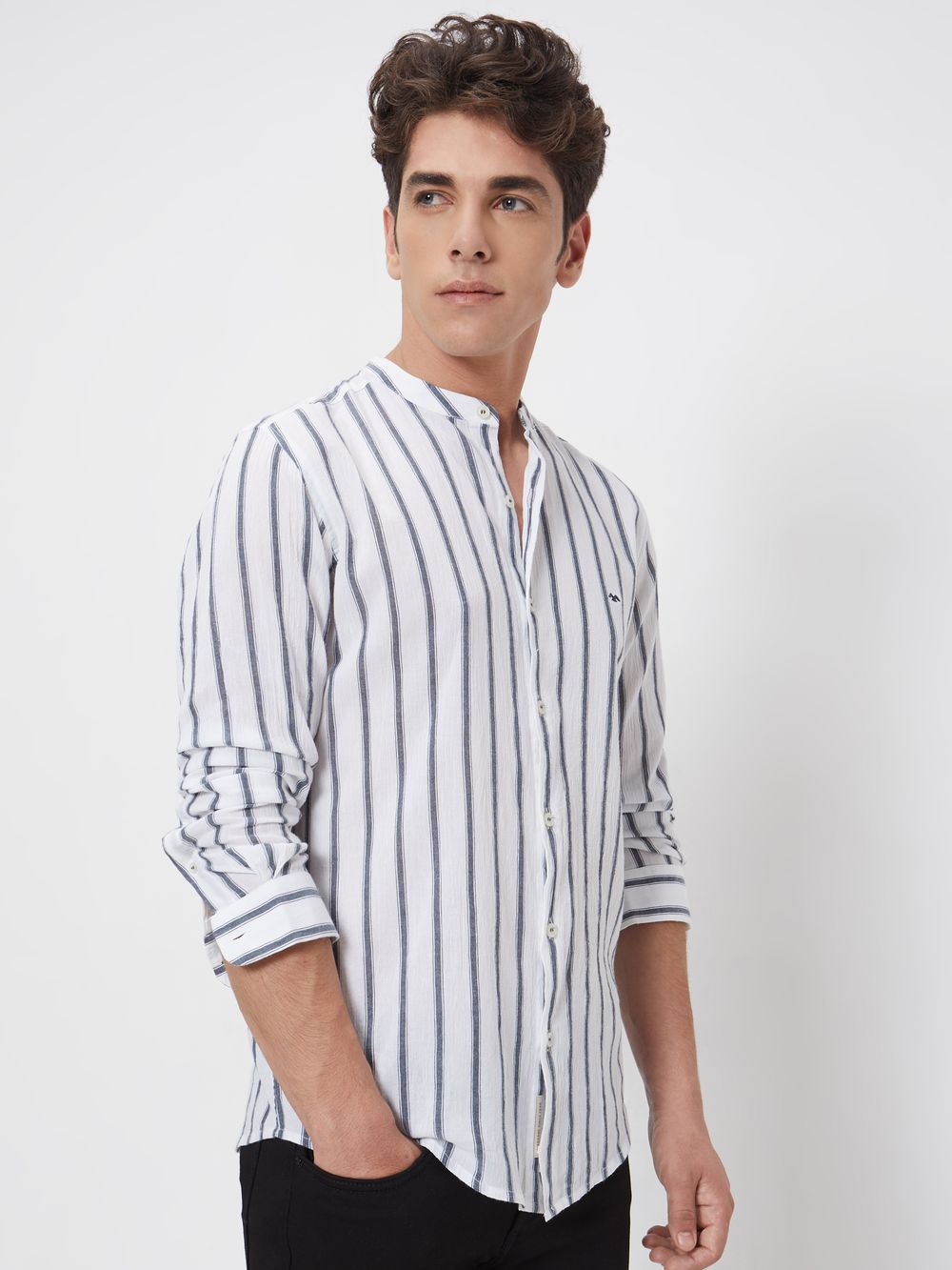 Navy Textured Stripe Slim Fit Casual Shirt