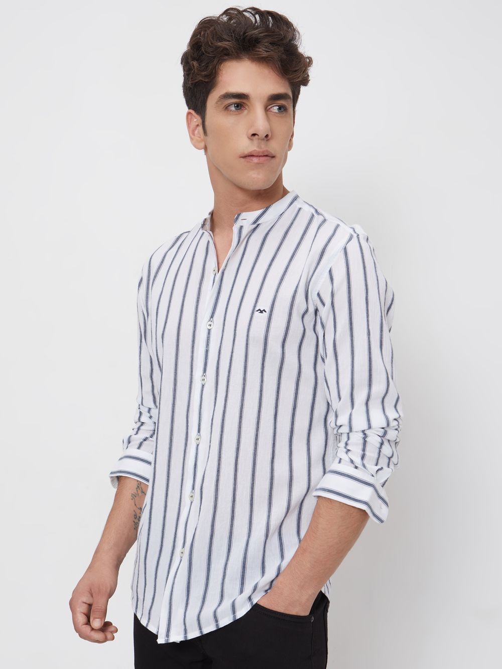 Navy Textured Stripe Slim Fit Casual Shirt