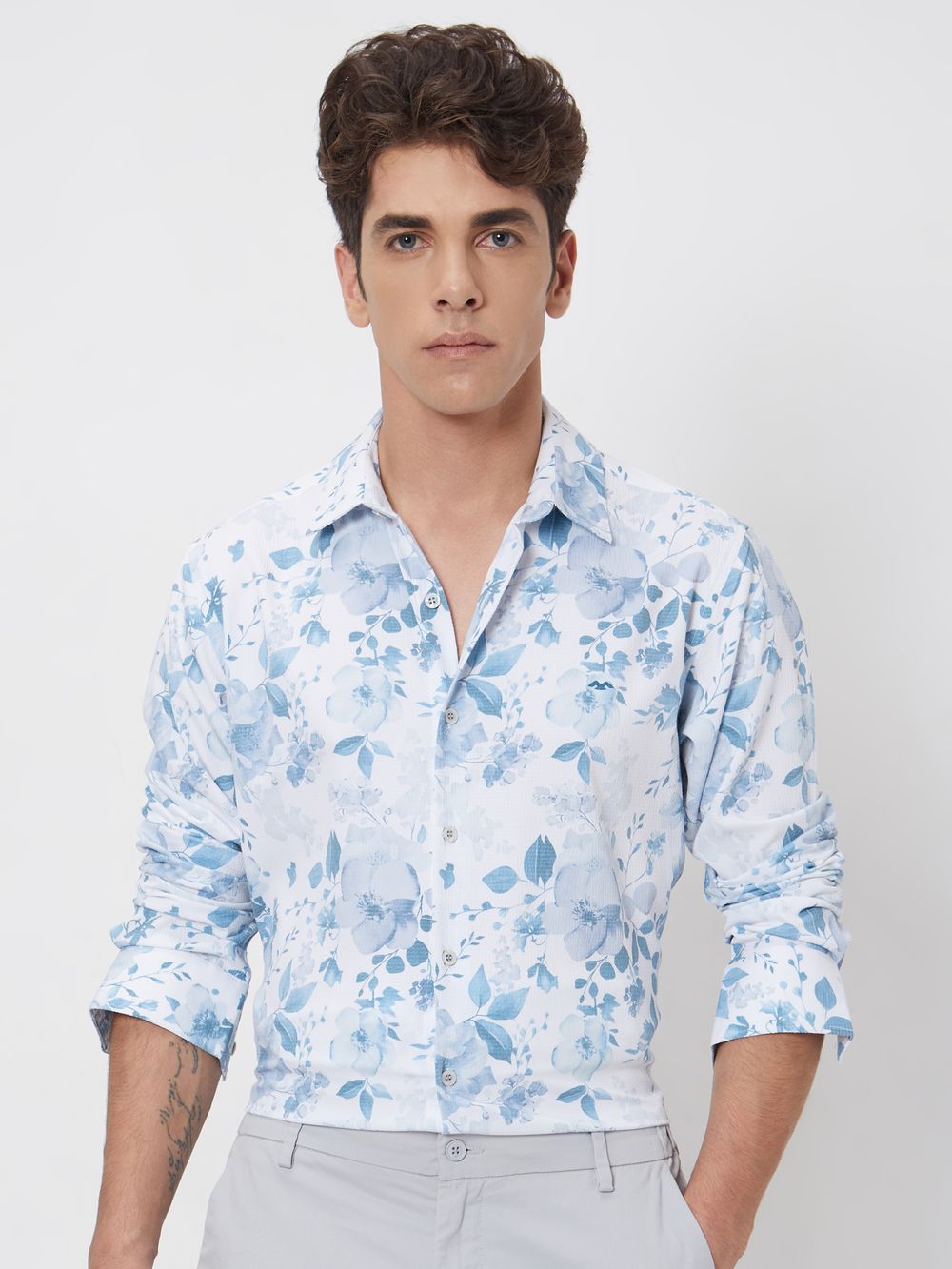 White Floral Print Slim Fit Casual Shirt