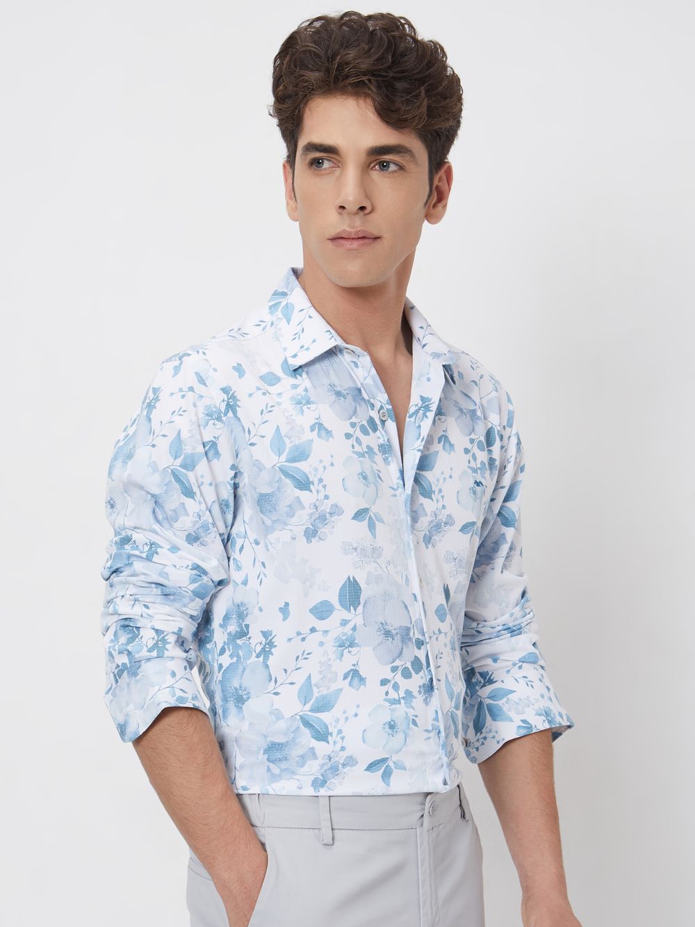 White Floral Print Slim Fit Casual Shirt