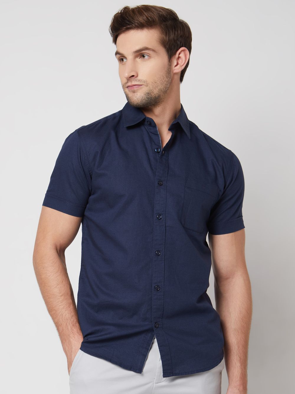 Navy Cotton Linen Plain Slim Fit Casual Shirt