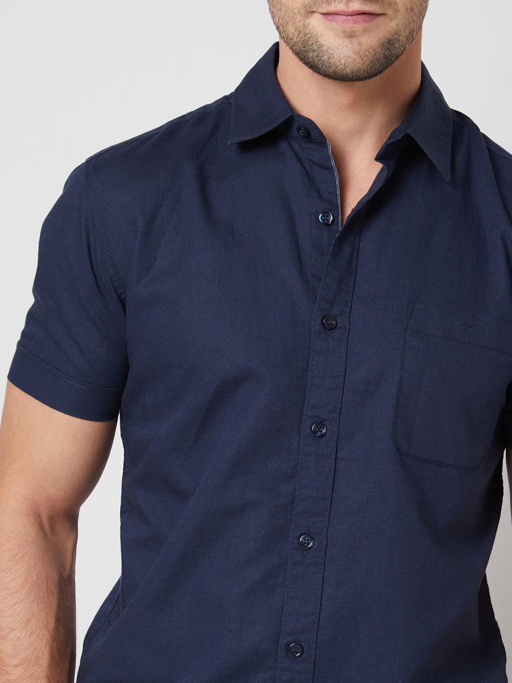 Navy Cotton Linen Plain Slim Fit Casual Shirt