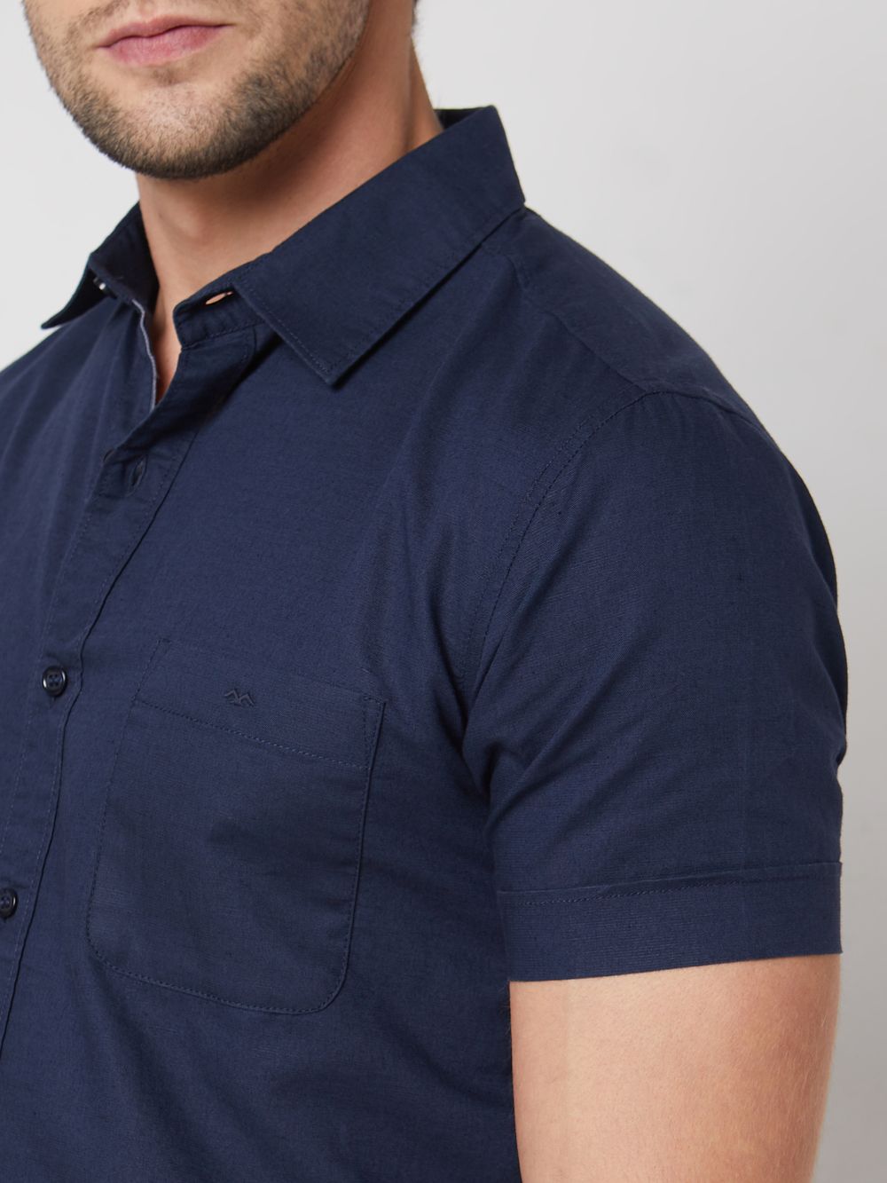 Navy Cotton Linen Plain Slim Fit Casual Shirt