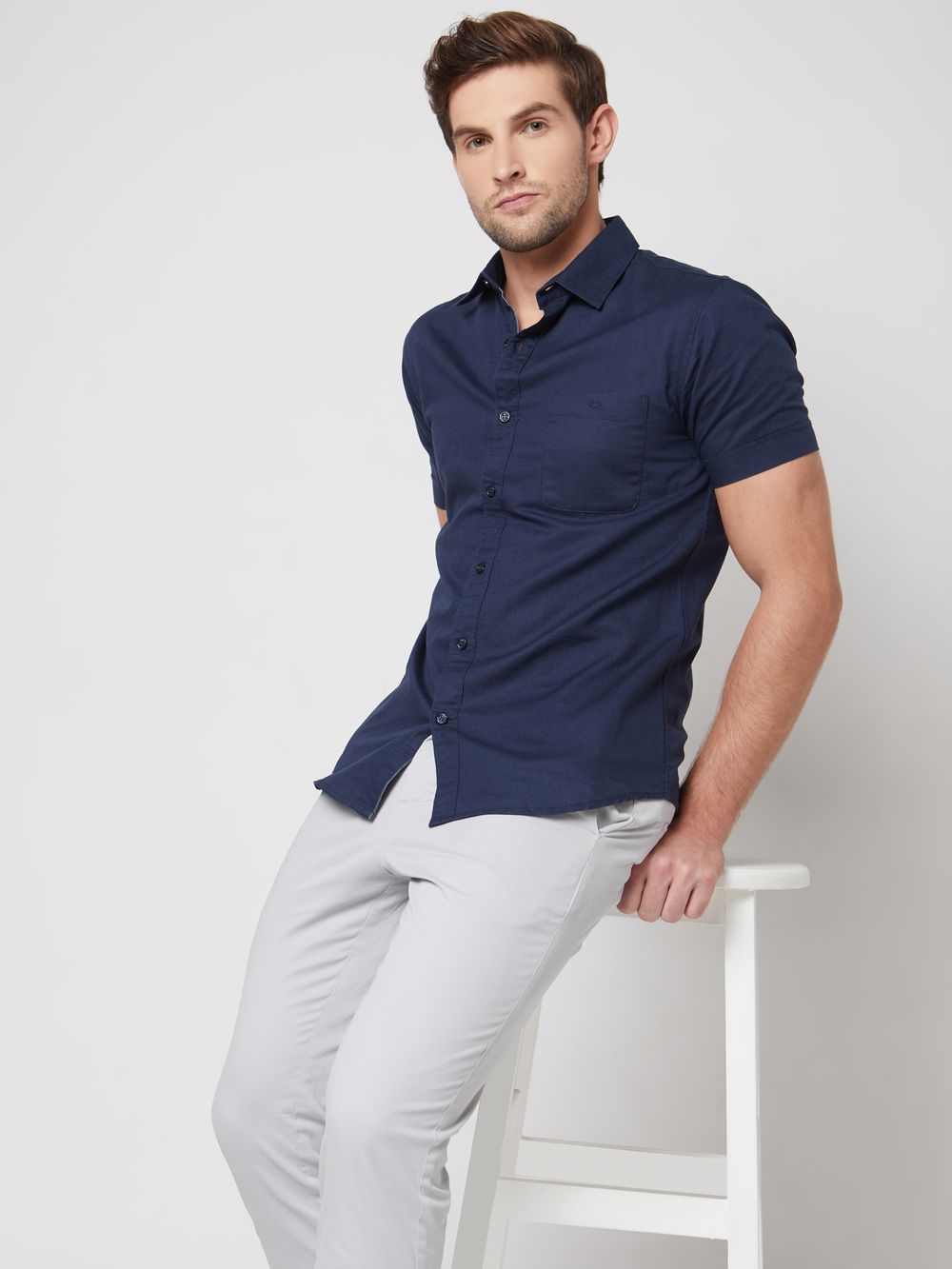 Navy Cotton Linen Plain Slim Fit Casual Shirt