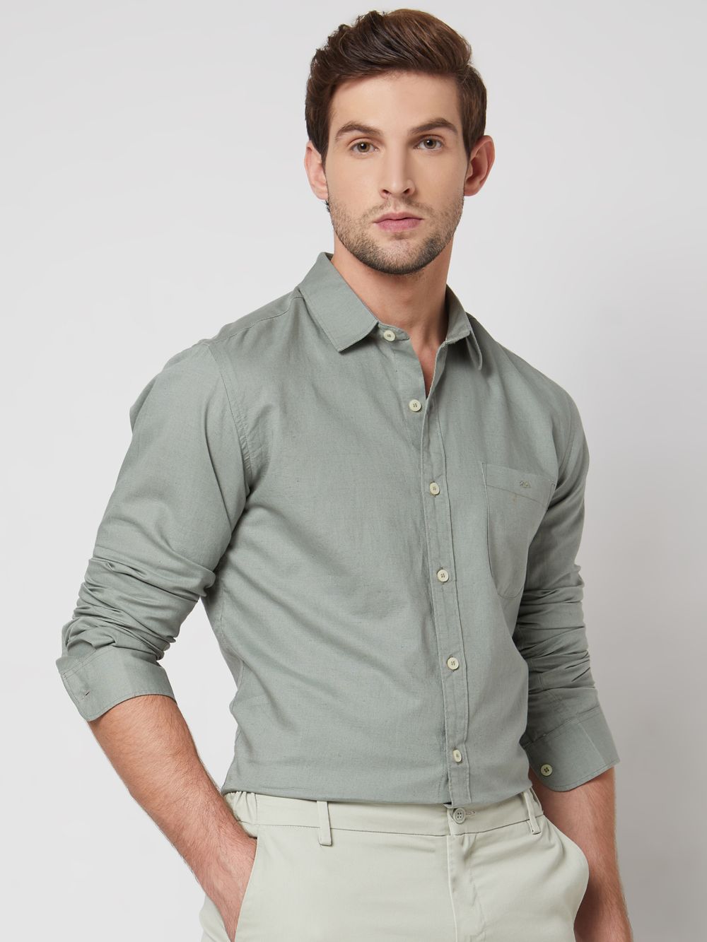 Light Olive Cotton Linen Plain Slim Fit Casual Shirt