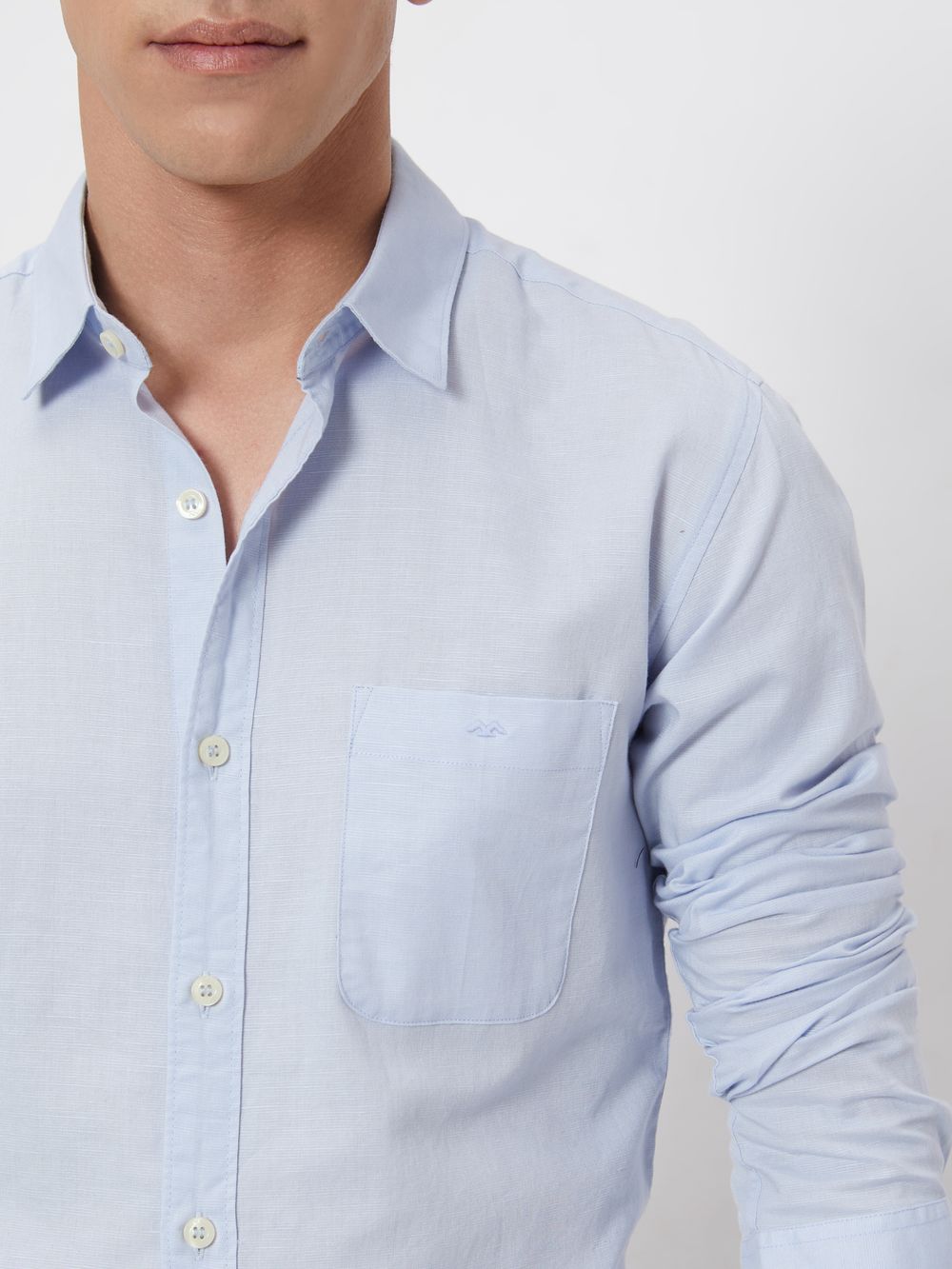 Light Blue Cotton Linen Plain Slim Fit Casual Shirt
