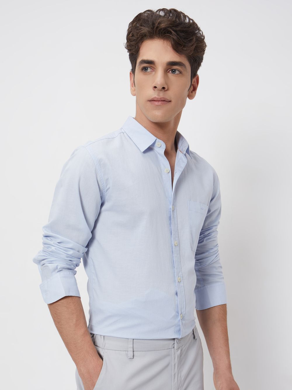 Light Blue Cotton Linen Plain Slim Fit Casual Shirt