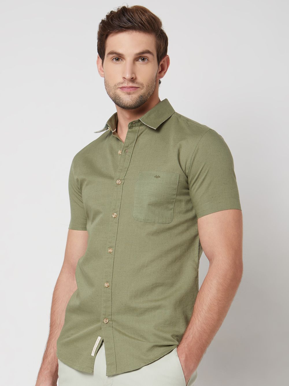 Light Olive Cotton Linen Plain Slim Fit Casual Shirt