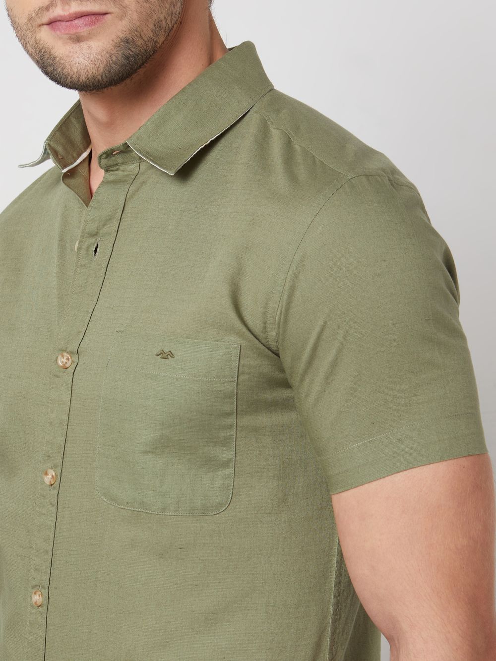 Light Olive Cotton Linen Plain Slim Fit Casual Shirt