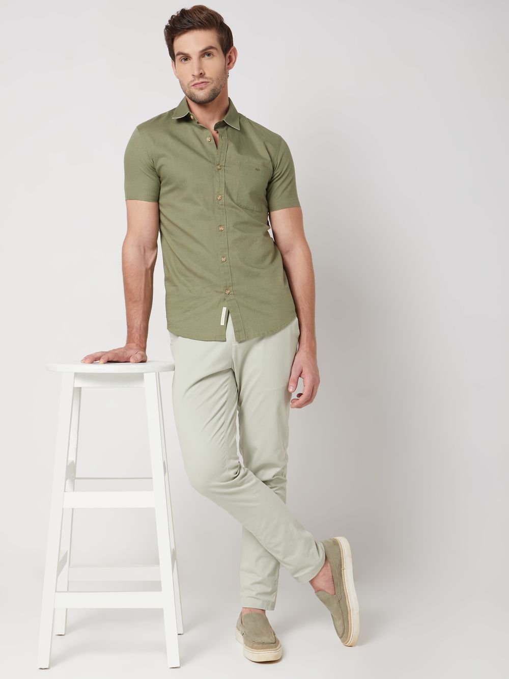 Light Olive Cotton Linen Plain Slim Fit Casual Shirt