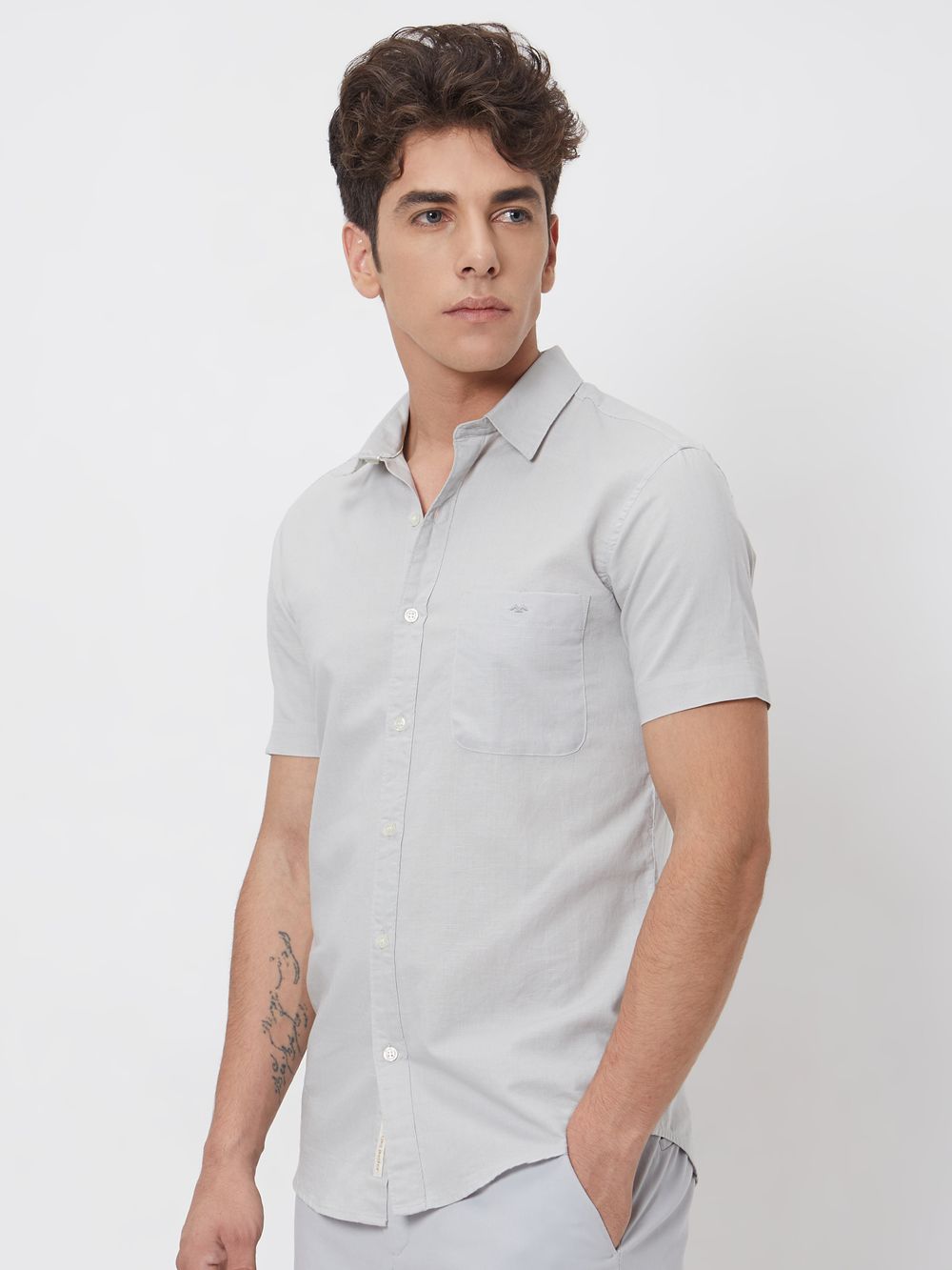 Light Grey Cotton Linen Plain Slim Fit Casual Shirt