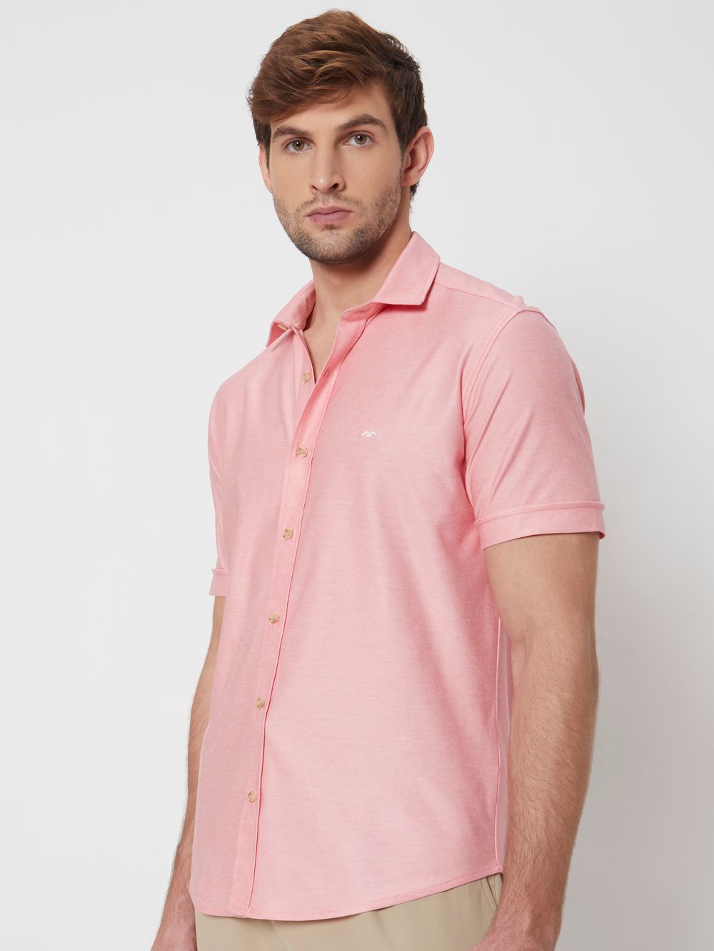 Pink Knitted Plainslim Fit Casual Shirt