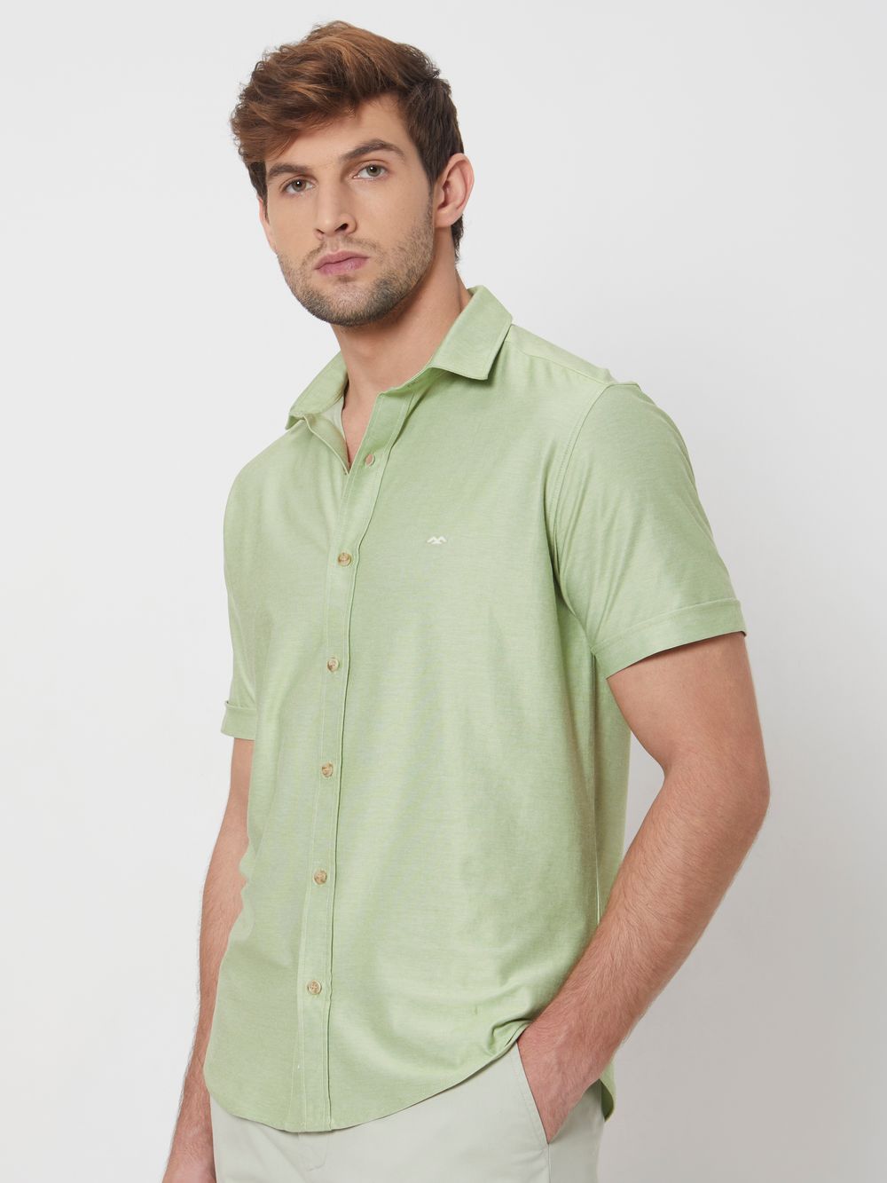 Light Green Knitted Plainslim Fit Casual Shirt
