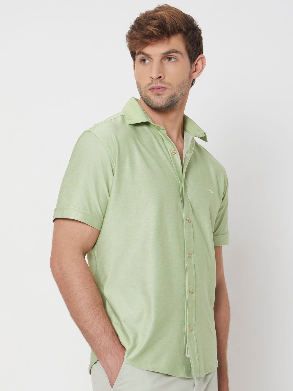 Light Green Knitted Plainslim Fit Casual Shirt