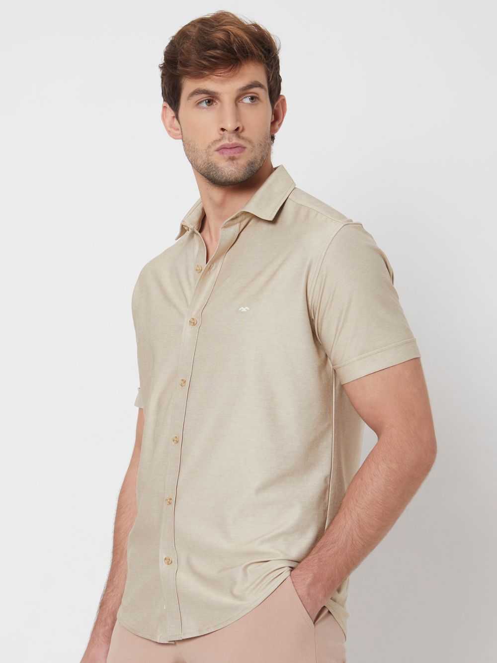 Beige Knitted Plainslim Fit Casual Shirt