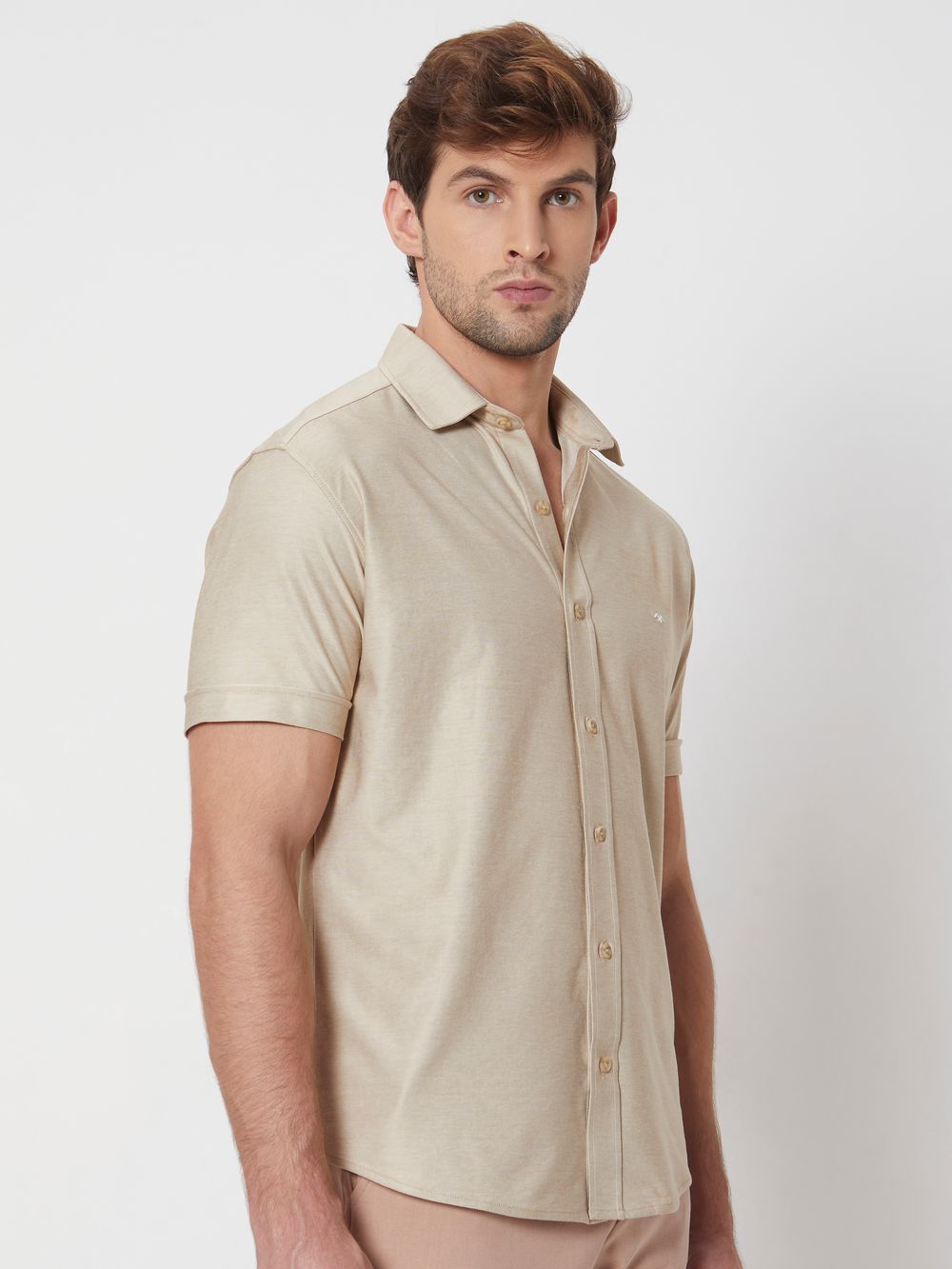 Beige Knitted Plainslim Fit Casual Shirt