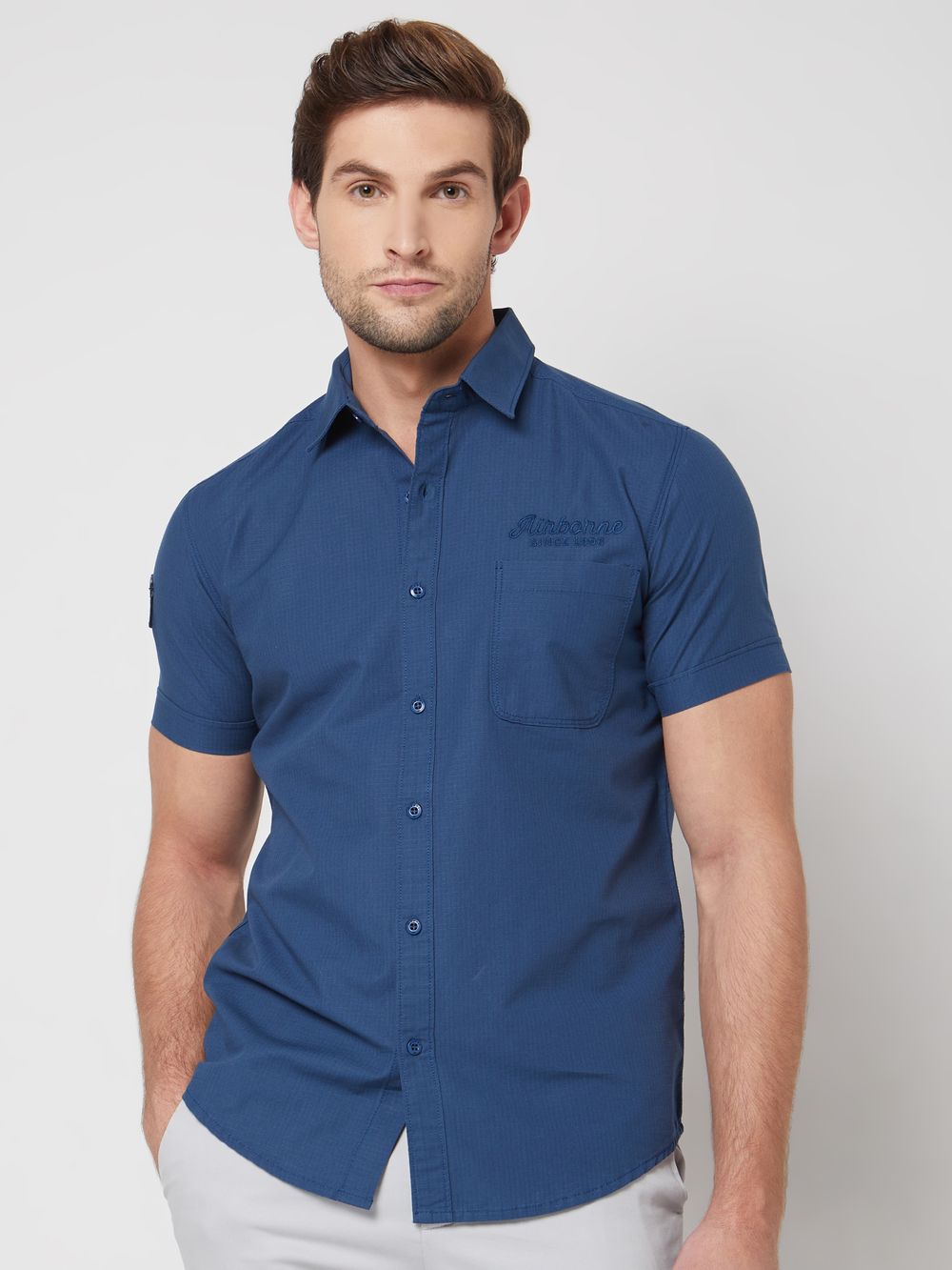 Blue Badged Plain Slim Fit Casual Shirt