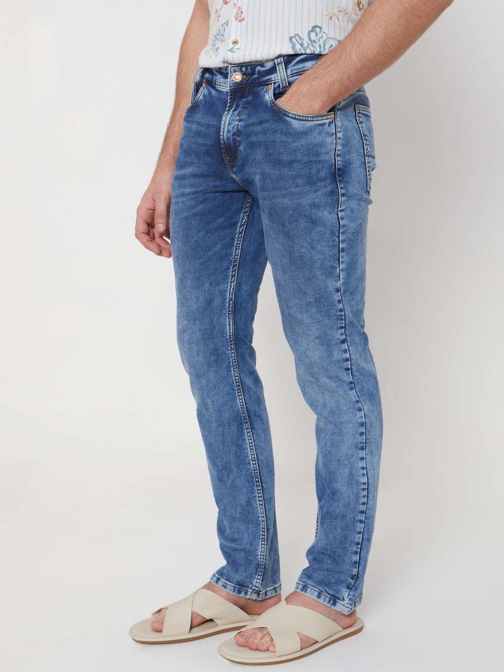 Mid Blue Relaxed Straight Fit Denim Deluxe Stretch Jeans