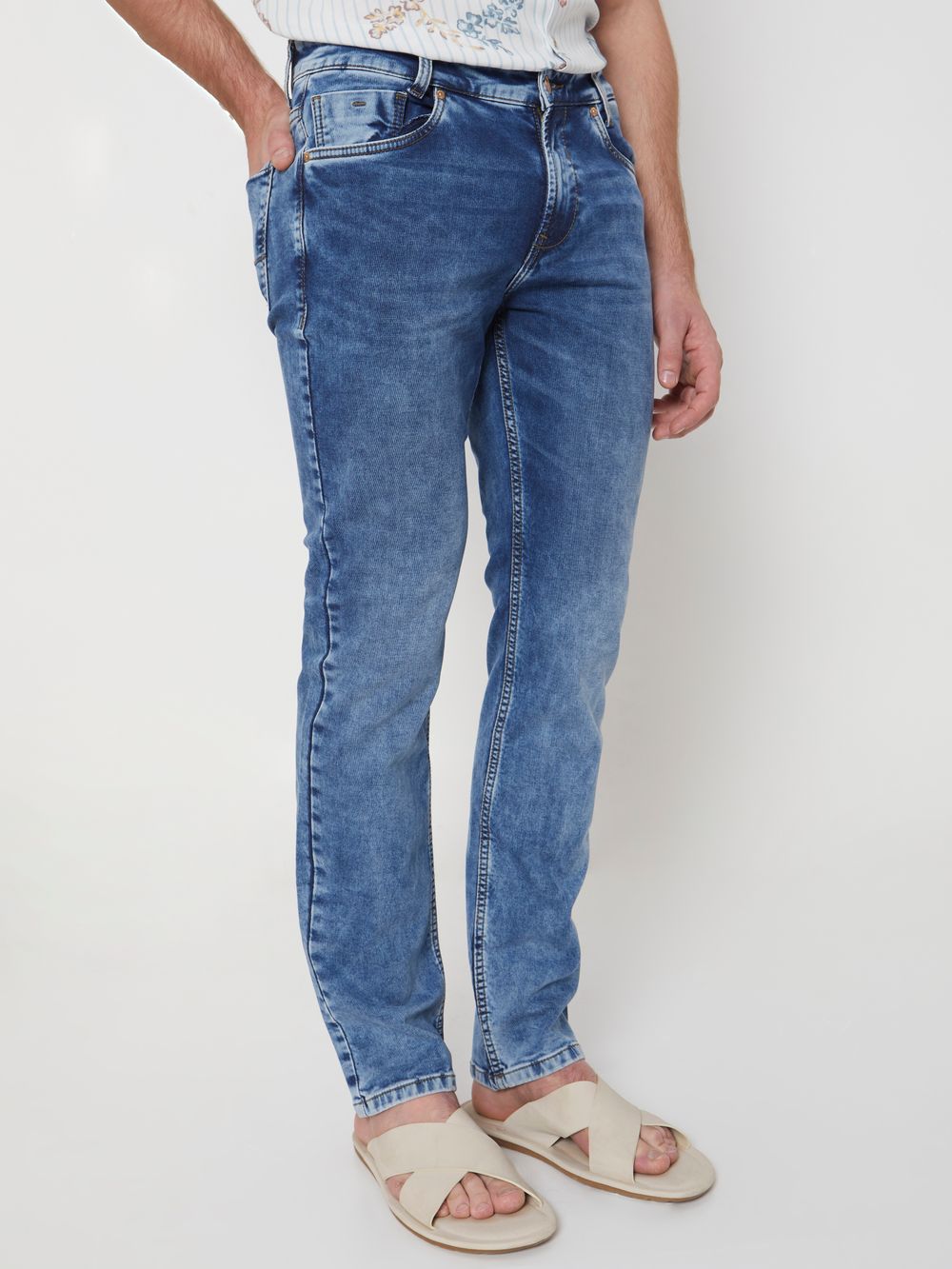 Mid Blue Relaxed Straight Fit Denim Deluxe Stretch Jeans