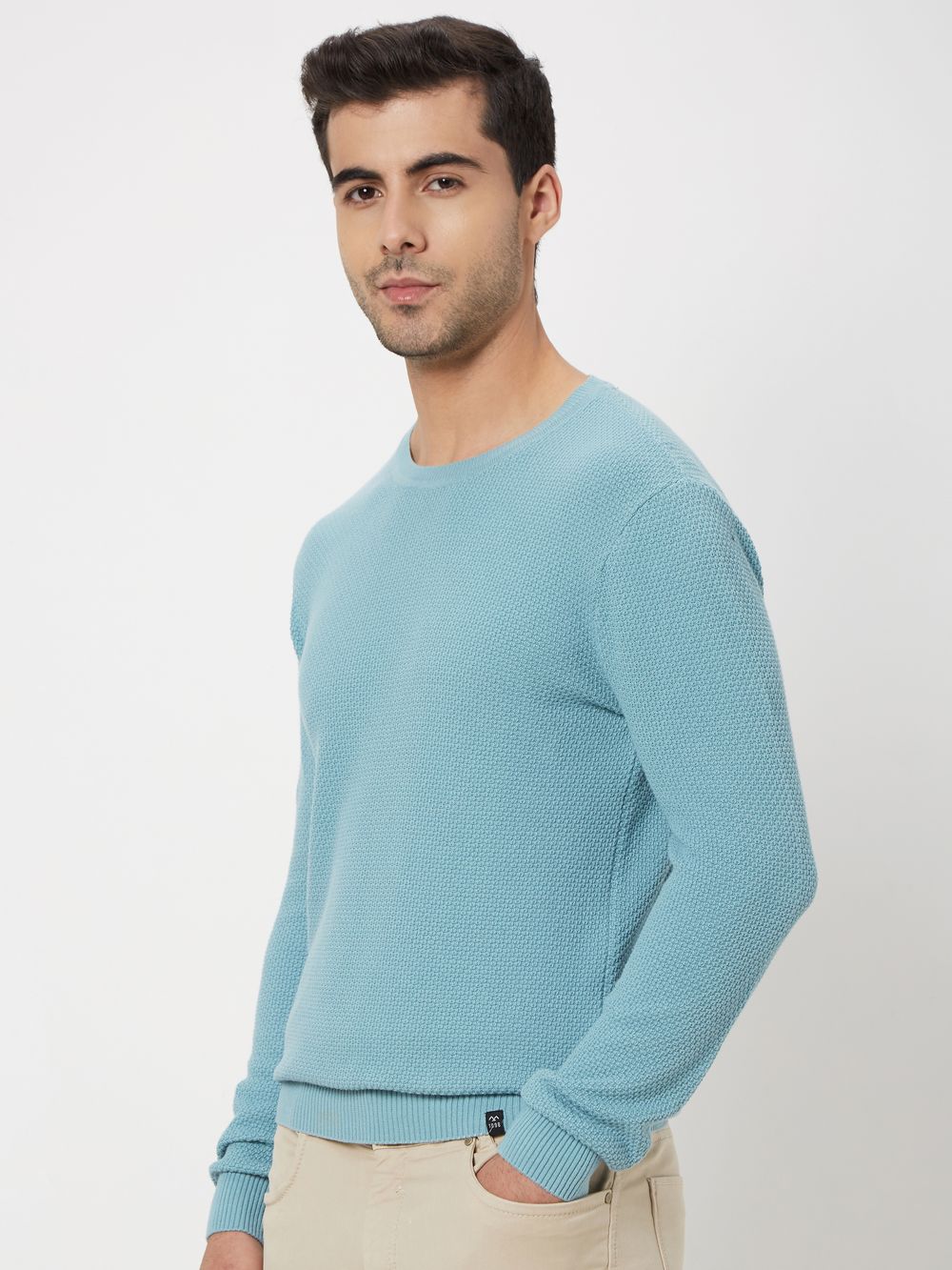 Light Blue Textured Slim Fit Sweater