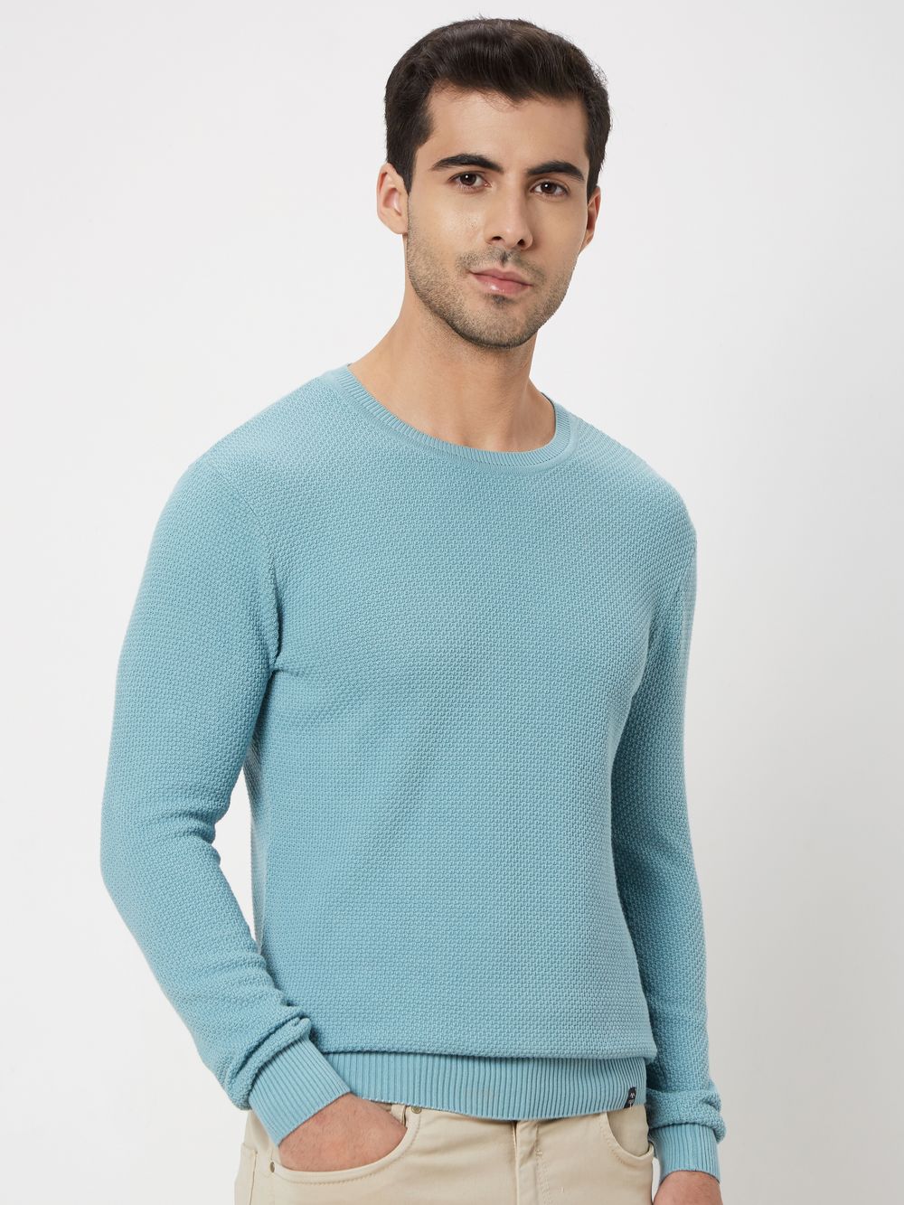 Light Blue Textured Slim Fit Sweater
