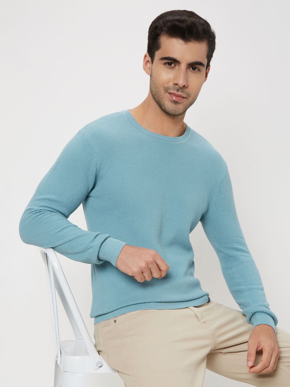 Buy Light Blue Textured Slim Fit Sweater Online at Muftijeans