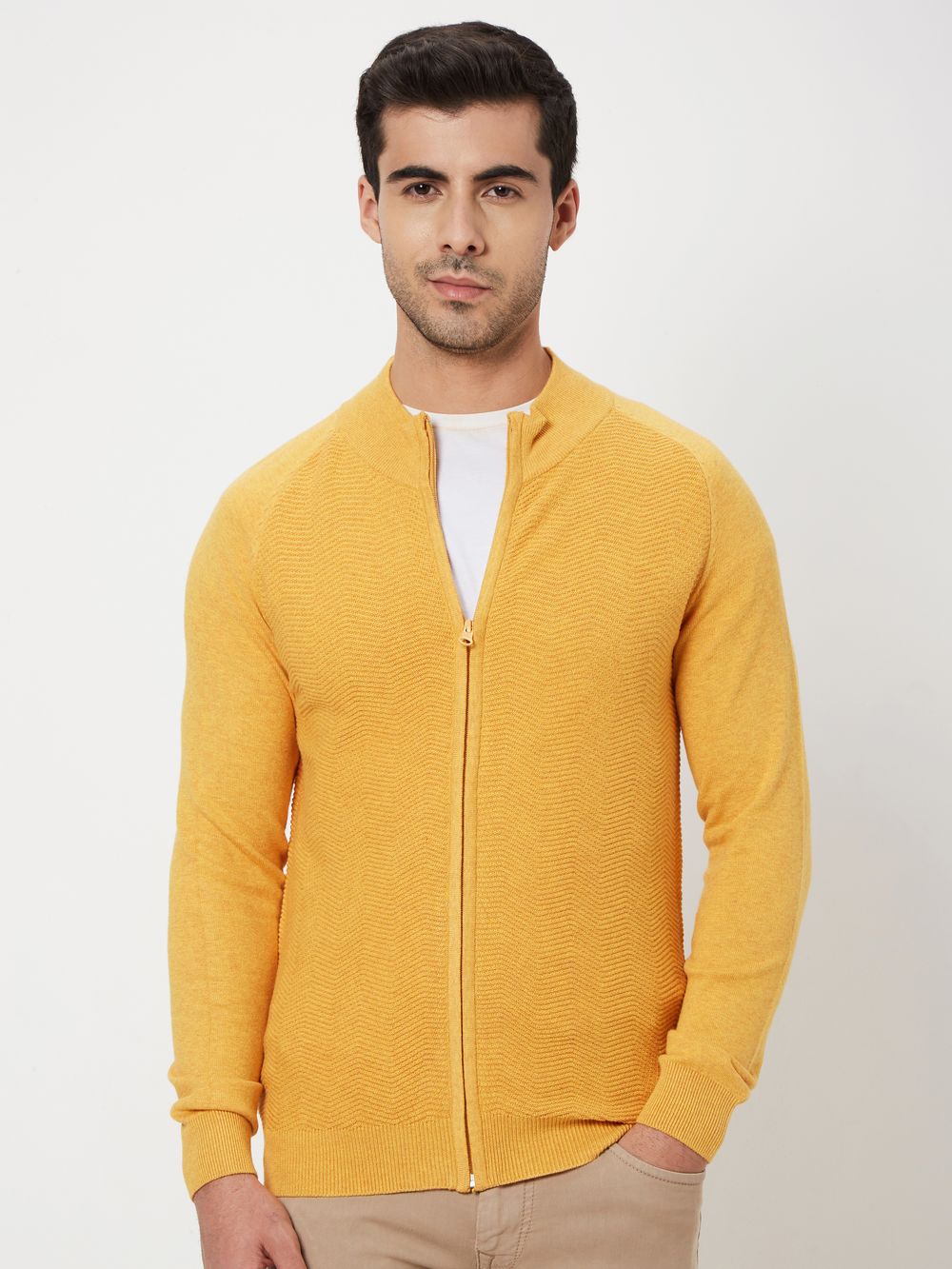 Mustard Textured Slim Fit Sweater