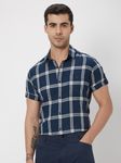 Navy & White Large Check Slim Fit Casual Shirt