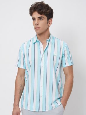 Turquoise Awning Stripe Slim Fit Casual Shirt