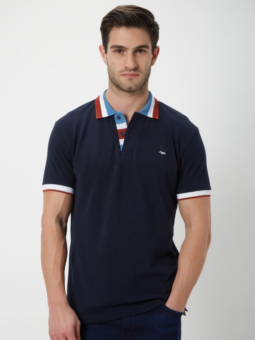 Navy & Multi Tipped Collar Pique Polo T-Shirt