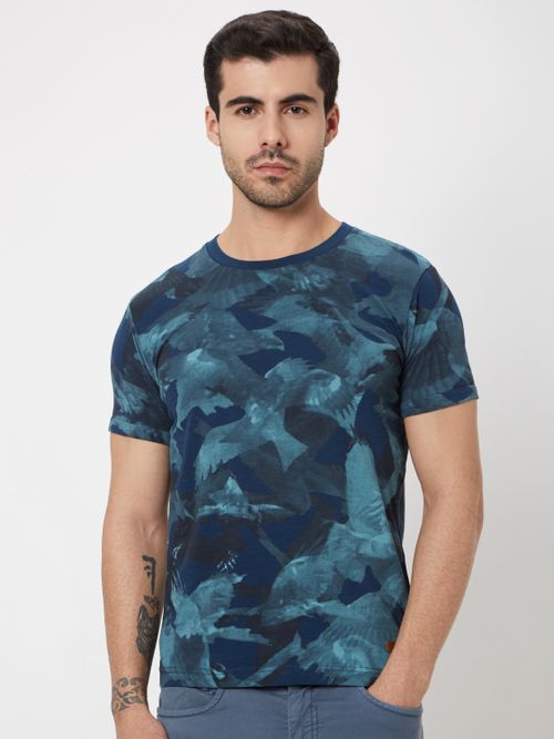 Navy Abstract Print Slub Jersey T-Shirt