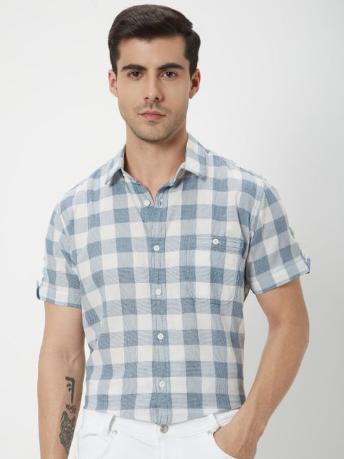 White & Navy Square Check Slim Fit Casual Shirt