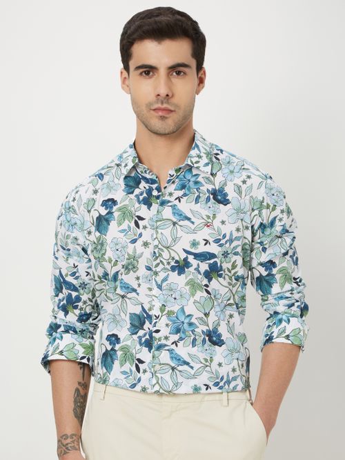 White & Blue Floral Print Shirt