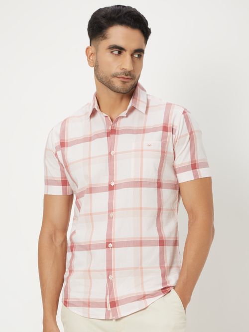 Peach Windowpane Check Slim Fit Casual Shirt