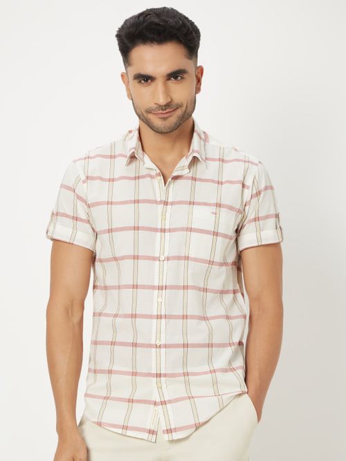 Maroon Windowpane Check Slim Fit Casual Shirt