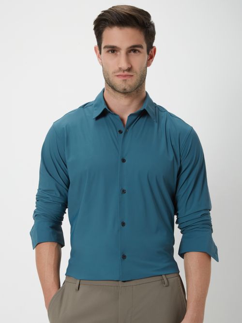 Green Knitted Plain Stretch Shirt