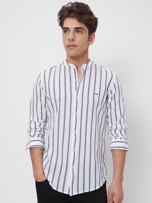 Navy Textured Stripe Slim Fit Casual Shirt