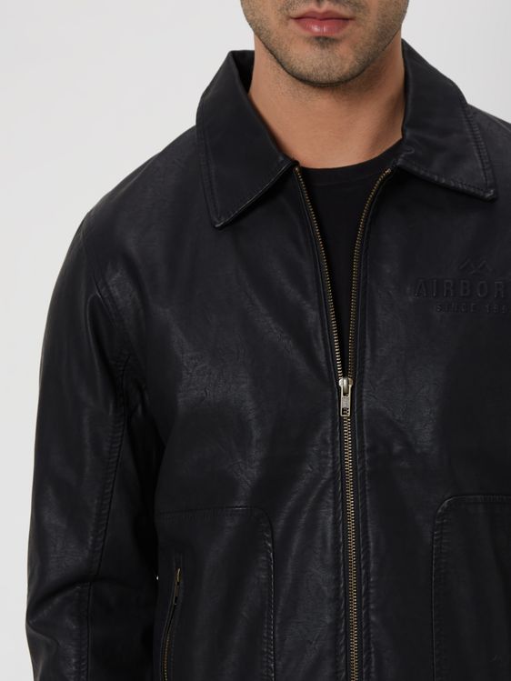 Buy Black Faux Leather Jacket With Embossed Branding Online at Muftijeans